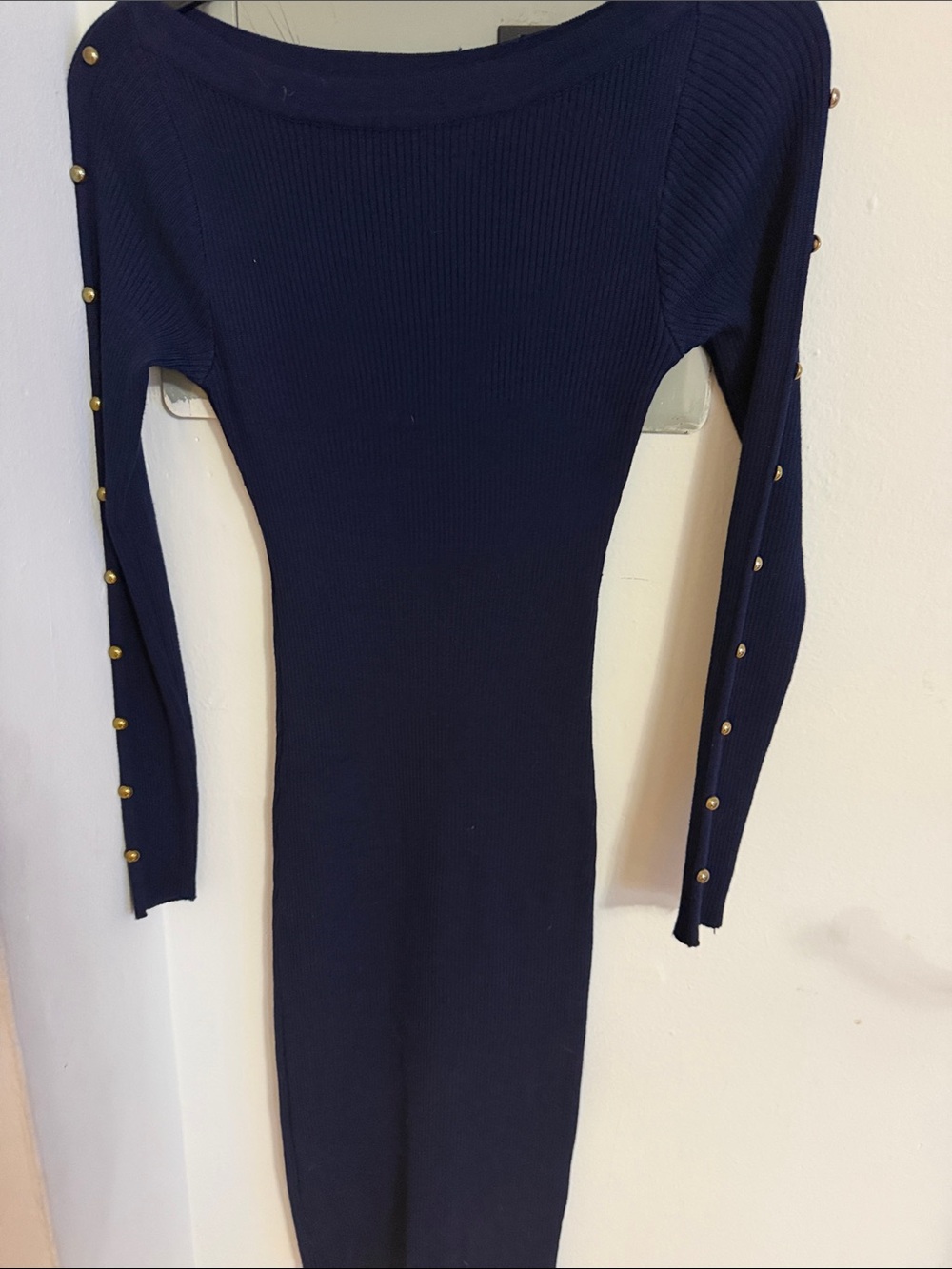Navy Long-Sleeve Ribbed Knit Dress with Gold Button Detail